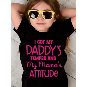 Girls' Short-Sleeve Graphic T-Shirt - "I Got My Daddy's Temper and My Mama's Attitude" Letter Print, Cute Tops, Affordable Fashion Kids' Casual Top for 11-12y(150cm),13y(160cm)