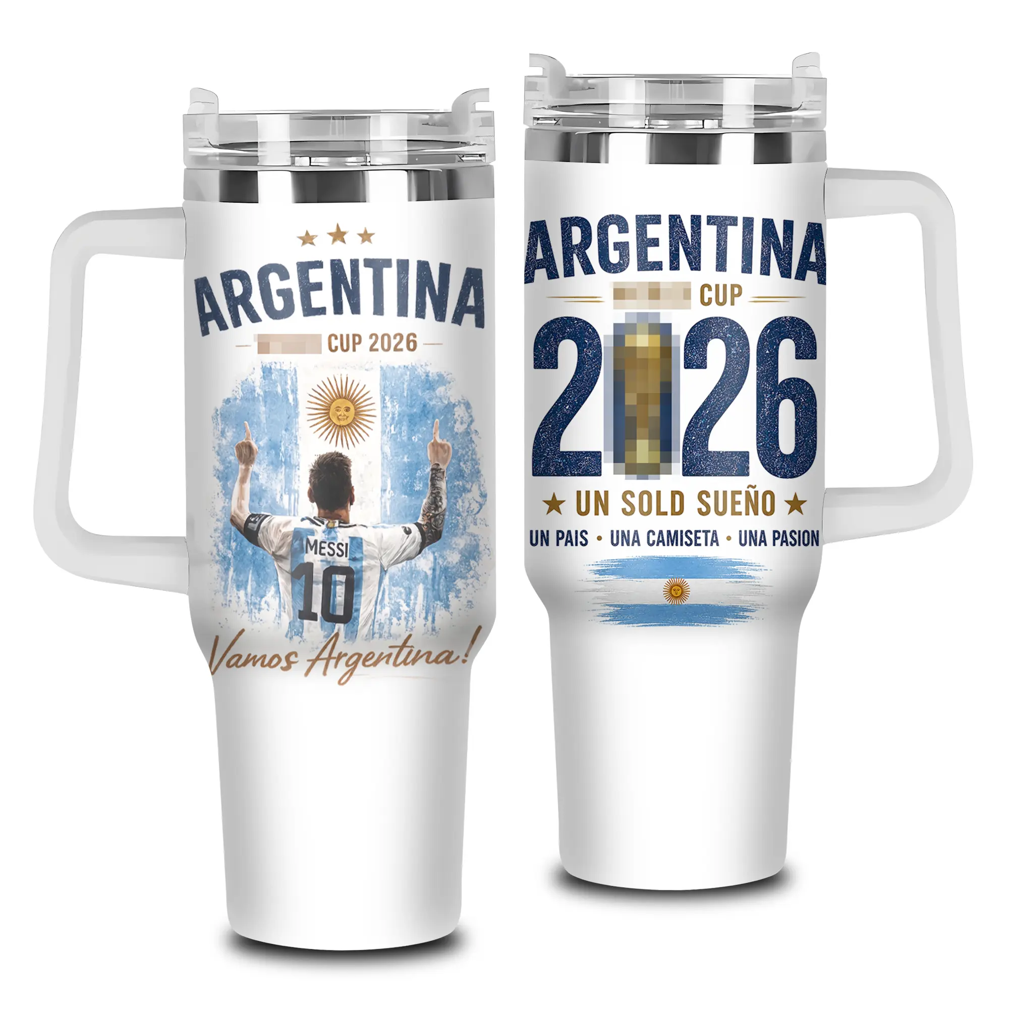 Messi "GOAT" Soccer Legend Vintage Football Aesthetic 40oz & 20oz Stainless Steel Tumbler with Handle – Messi Fan Insulated Mug V8, GOAT Style Cup, Retro Game Day Design, Leakproof Travel Gift.
