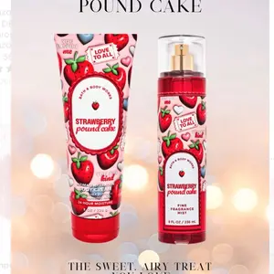 Bath & Body Works Strawberry Pound Cake Set - 24 Hour Moisture Body Cream & Fine Fragrance Mist - Sweet Airy Treat You Love