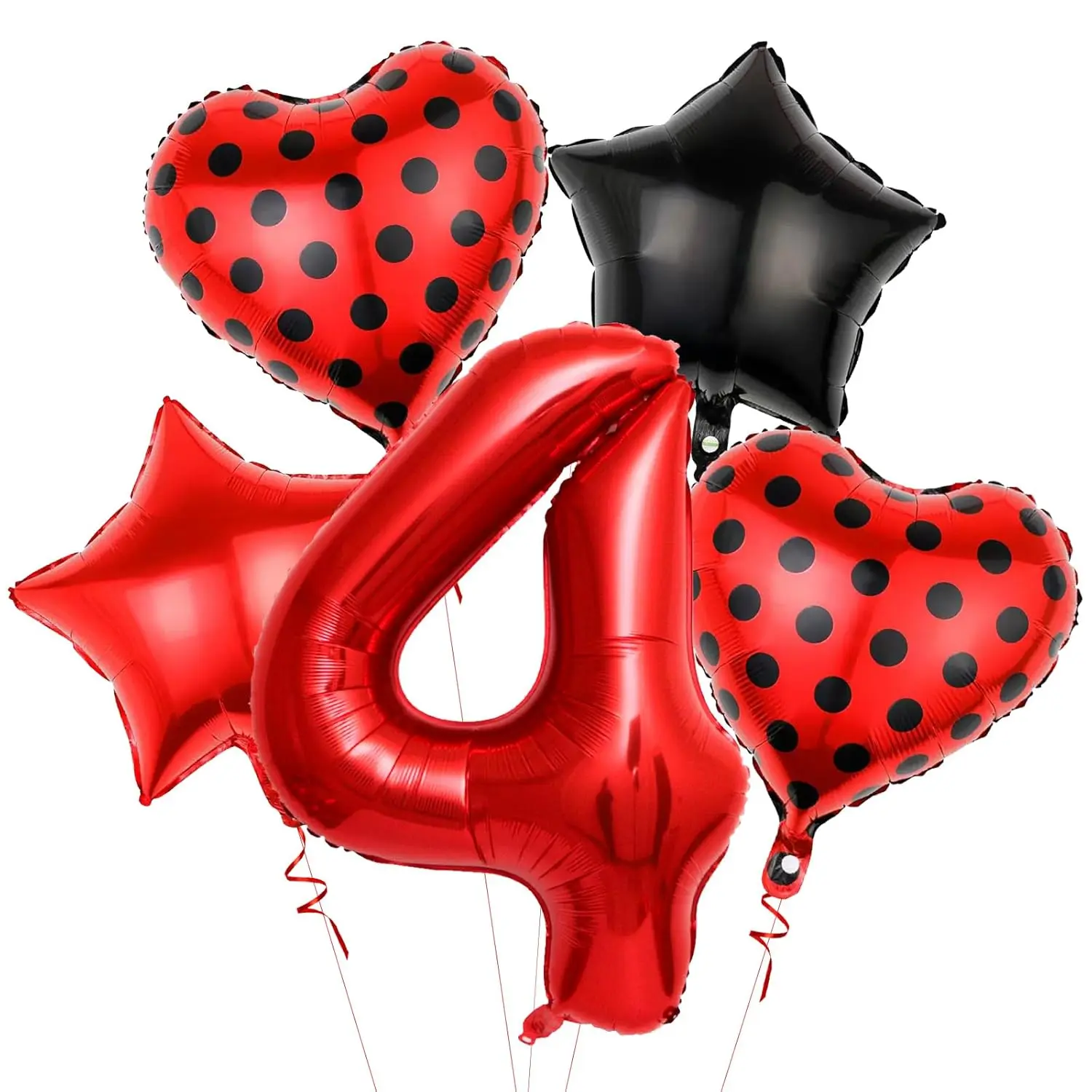 40-Inch Red Mylar Number 4 Balloon Set with Heart-Shaped Ladybug Balloons for Birthday Decor