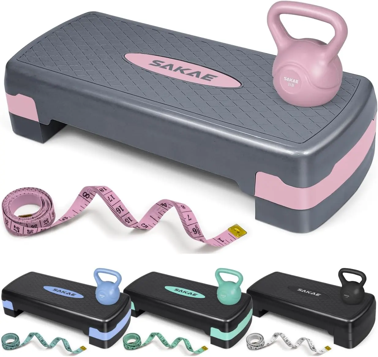 SAKAE Step Aerobics Platform Set with Kettlebell & Measuring Tape, Aerobic Steppers for Exercise at Home, Adjustable Height 2 Level Risers Workout Step Trainer with Non-Slip Surface, Multiple Colors