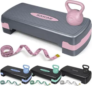 SAKAE Step Aerobics Platform Set with Kettlebell & Measuring Tape, Aerobic Steppers for Exercise at Home, Adjustable Height 2 Level Risers Workout Step Trainer with Non-Slip Surface, Multiple Colors