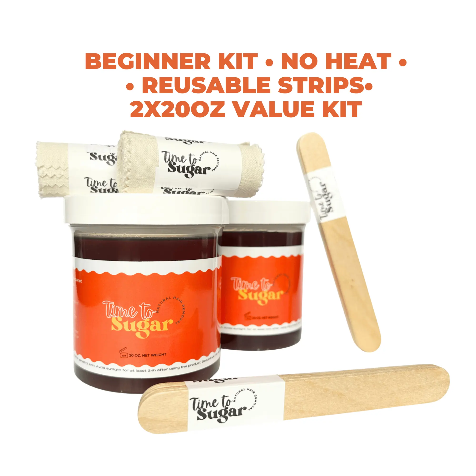 Time To Sugar 2x20oz Natural Sugaring Kit with spatulas and reusable cotton strips for at home hair removal Body Care