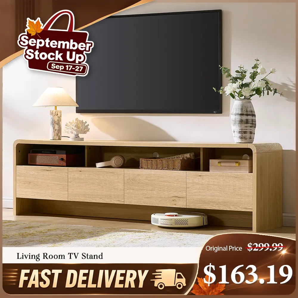 AMERLIFE 70" Modern Rectangle Wood TV Stand - Sturdy Apartment Furniture, Fits 80" TVs, Curved Profile, 2 Storage Cabinets, 3 Cubbies Free Up Space, Cable Holes Ready, Living Room Decor Gift Idea, Assembly Required