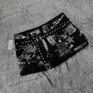Y2KNewGothicRetroBlackDenimSkirtHarajukuStarGraphicRhinestoneRivetMiniSkirtSexyHotGirlSlimLowWaistHipSkirts