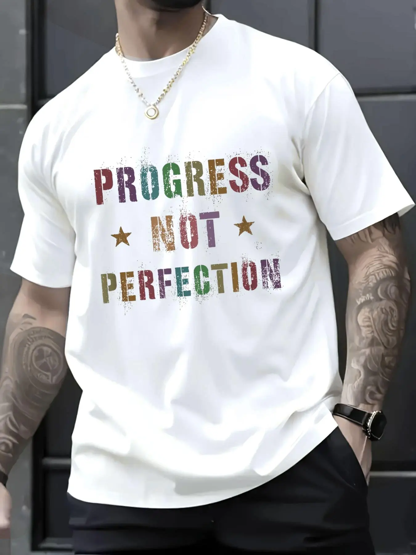 100% Cotton Unisex Funny Strive Commit PROGRESS NOT PERFECTION Labor Day Clean T-Shirt, Men's Women's Shirt Top, Short Sleeve Tops Crewneck Tshirt