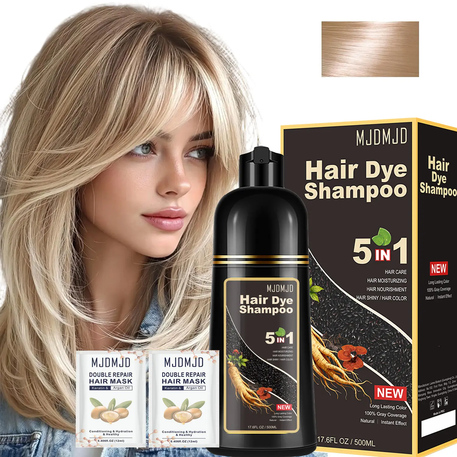 MJDMJD 5-in-1 Golden Brown Hair Dye Shampoo Kit, 17.6 oz, Natural Hair Coloring for 100% Gray Coverage with Botanical Extracts & Mask, Gentle No Bleach Formula, Haircare, Dyeing Hair