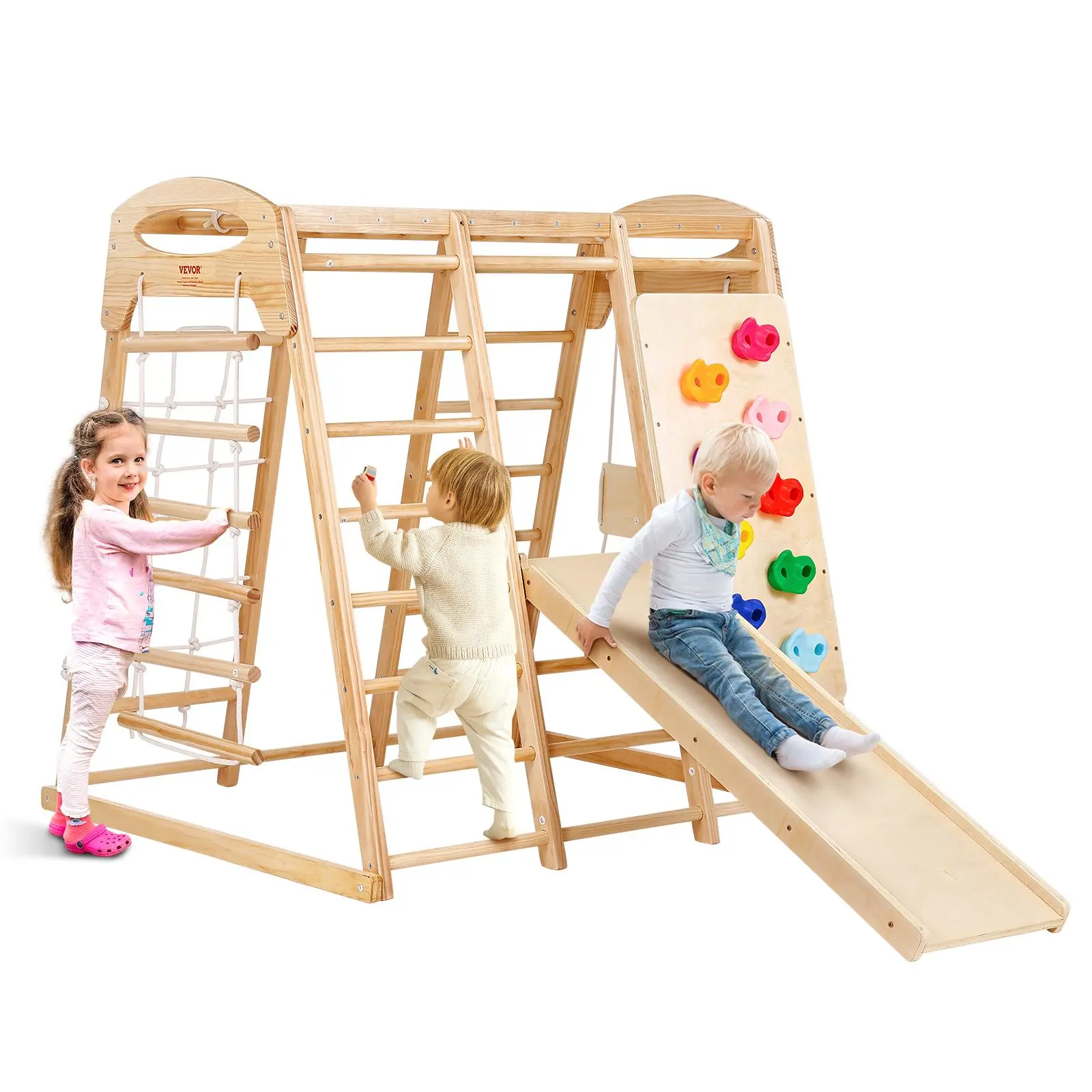【SummerFinds】VEVOR Indoor Jungle Gym,  7-in-1 Toddler Indoor Playground, Wooden Toddler Climbing Toys Indoor with Wood & Rope Ladder, Net Ladder, Swing, Monkey Bar, Slide, Climbing Wall, 47.2 x 58 x 56in