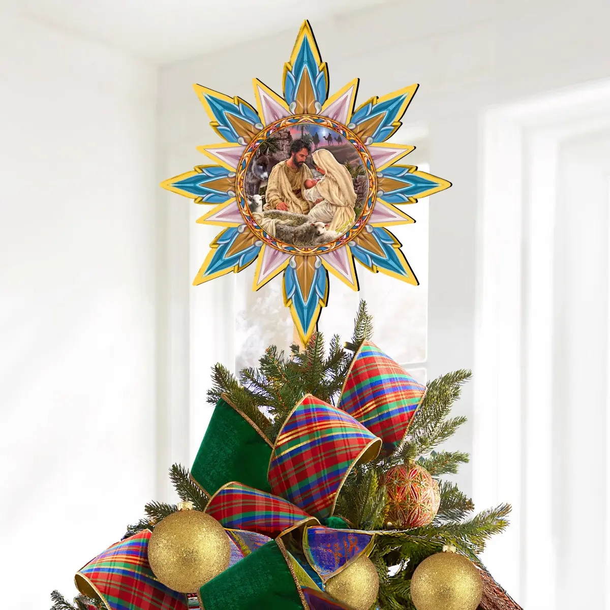 G. Debrekht 89502-DG Unisex UV-Coated Traditional Wooden Nativity Star Tree Topper by D. Gelsinger, Artistic Star Motifs, Lightweight Farmhouse Decor for Holidays, Christmas Home Supplies