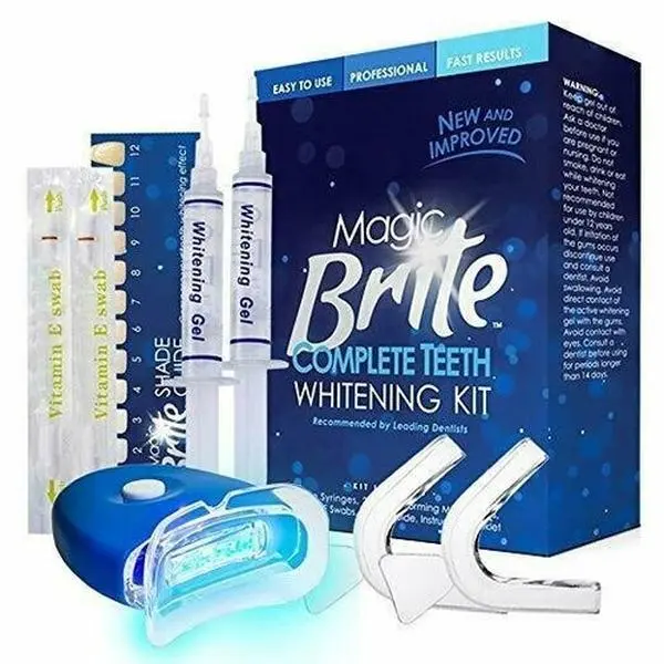 At-Home Teeth Whitening Kit - Magic Brite Complete Oral Care Set with Gentle Enamel-Safe LED Light, Full Coverage Unscented Gel for Porcelain Dentures