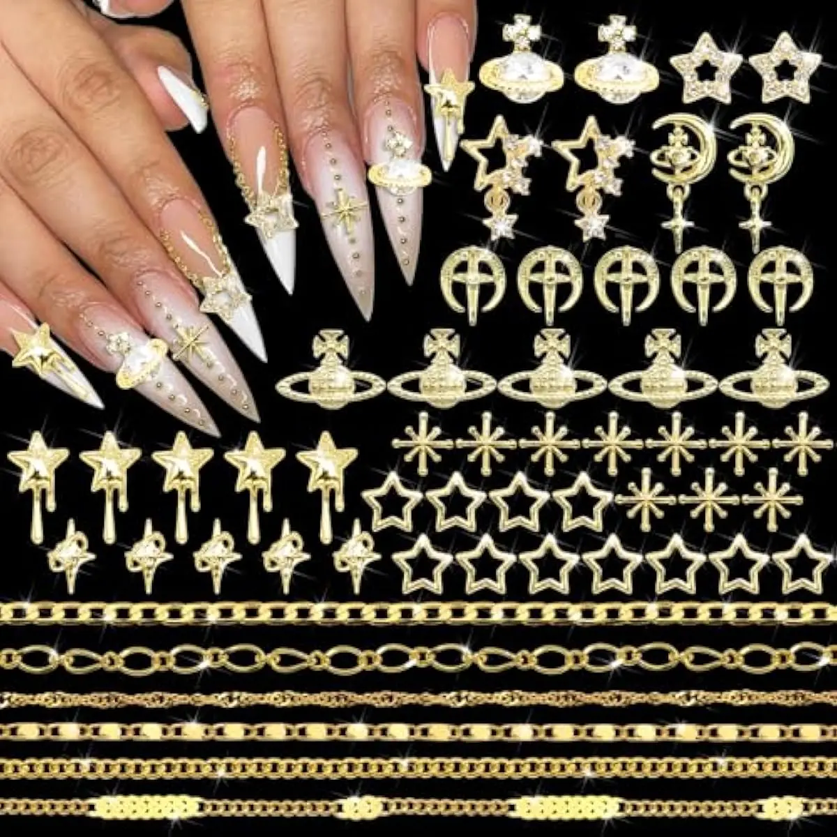 3D Gold Nail Charms Assorted Star Saturn Planet Charms for Acrylic Nails Alloy Nail Art Chains Gems Rhinestones Y2k Nail Jewels for Women Manicure DIY Nail Art Design Accessories