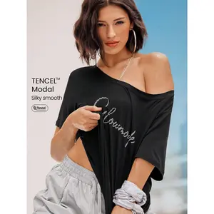 GLOWMODE TENCEL™ Modal Shimmy And Shake Lightweight Silky Smooth Loose Reflective Logo Off-Shoulder Short Sleeve Tee Dancing Daily Casual Wear