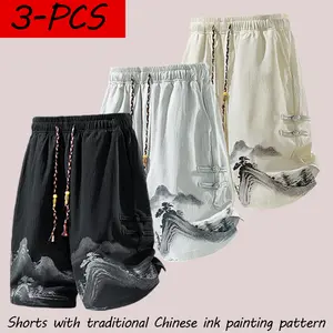 Casual shorts with a traditional Chinese ink painting pattern; new Chinese-style men’s beach shorts featuring frog buttons and a drawstring, loose fit. tiktokshopspringglowup,summervibes