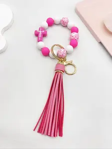 1 Piece Leopard Pattern Tassel Decor Beaded Keychain, Gothic Cross Keychain, Jewelry for Women & Men, Fashion Accessories for Friends Gift