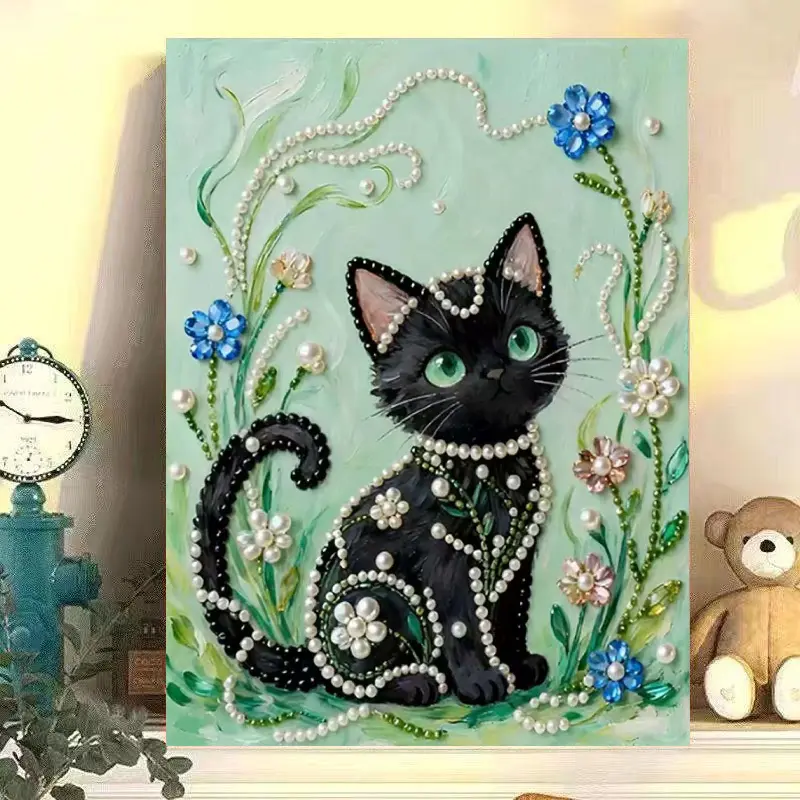 ZaiDoc 3D Raised Shiny Bead Inlay DIY Paint by Numbers Kit, Luxury Textured Canvas Black Cat Gem Art Craft Set for Home Living Room Bedroom Wall Decor & Holiday Gift