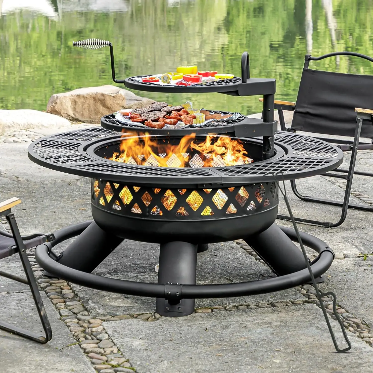 Outvue 47 Inch Large Wood Burning Fire Pit with 2 Grills, 3-in-1 Outdoor Fire Pit Table, Heavy-Duty Metal Firepit with Lid & Fire Poker, BBQ Grill for Backyard, Patio, Gatherings & Parties
