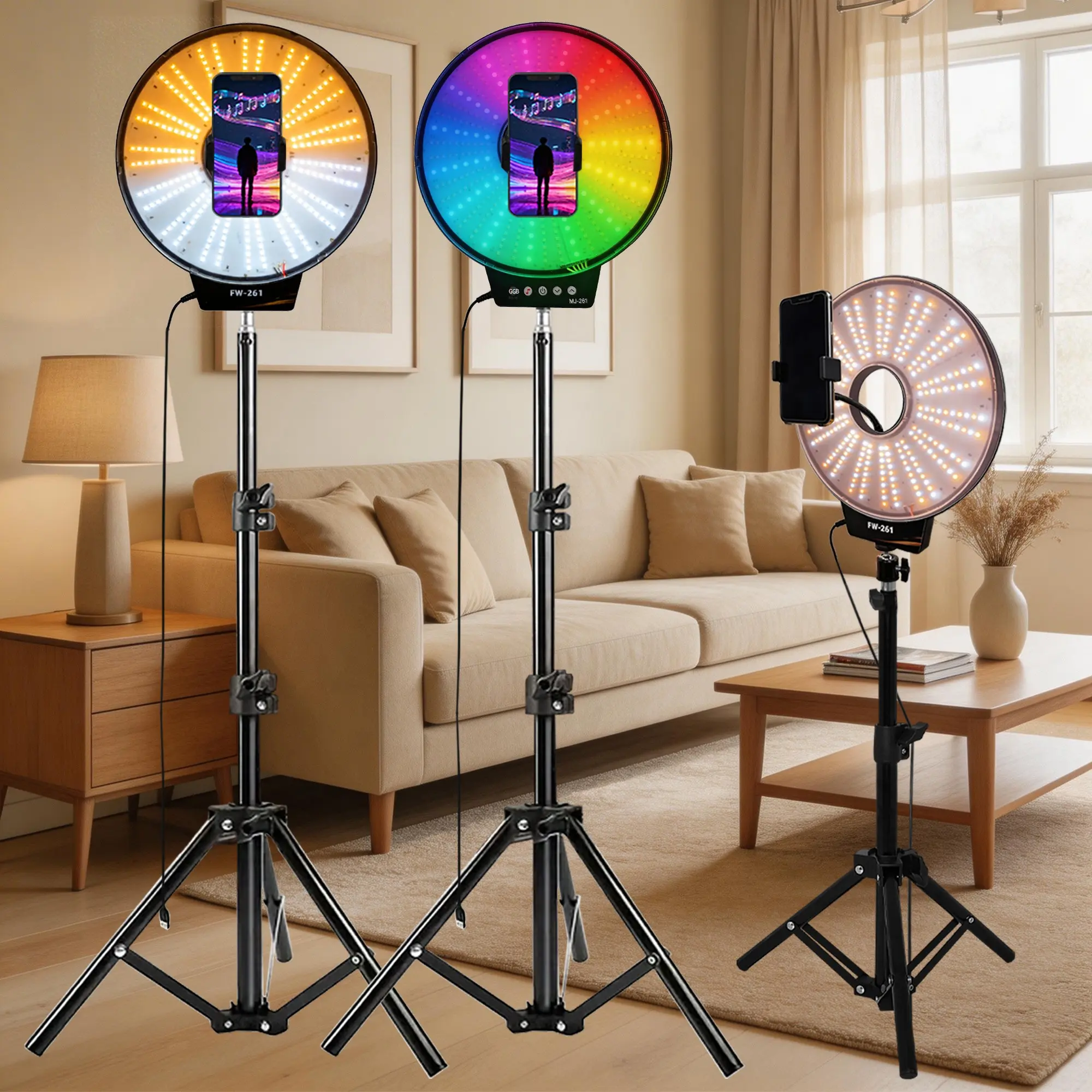 RGB Ring Light Set, 300 LED Phone Ring Light with Stand, Portable Ring Light, Tripod Ring, USB Interface, Perfect for Selfie and Live Streaming, Beauty Makeup Lamp, Cellphone, Smartphone, Selfie Video Light