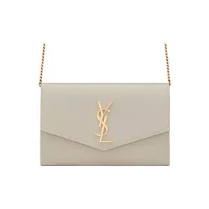 Pre-owned Yves Saint Laurent Leather Shoulder Bags Saint Laurent Uptown Chain Wallet in Cream Grain de Poudre with Gold Tone Hardware