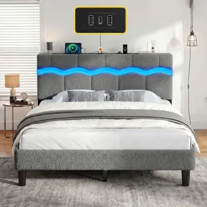 Raybee Upholstered LED Bed Frame with Power Outlet, Modern Luxury Teddy Fleece Platform Bed for Full/Queen/King Size with Storage Headboard & 7.9" Underbed Space, Wood Slat & Metal Frame, 880LBS Capacity, No Noise, No Box Spring Needed, Beige, Gray