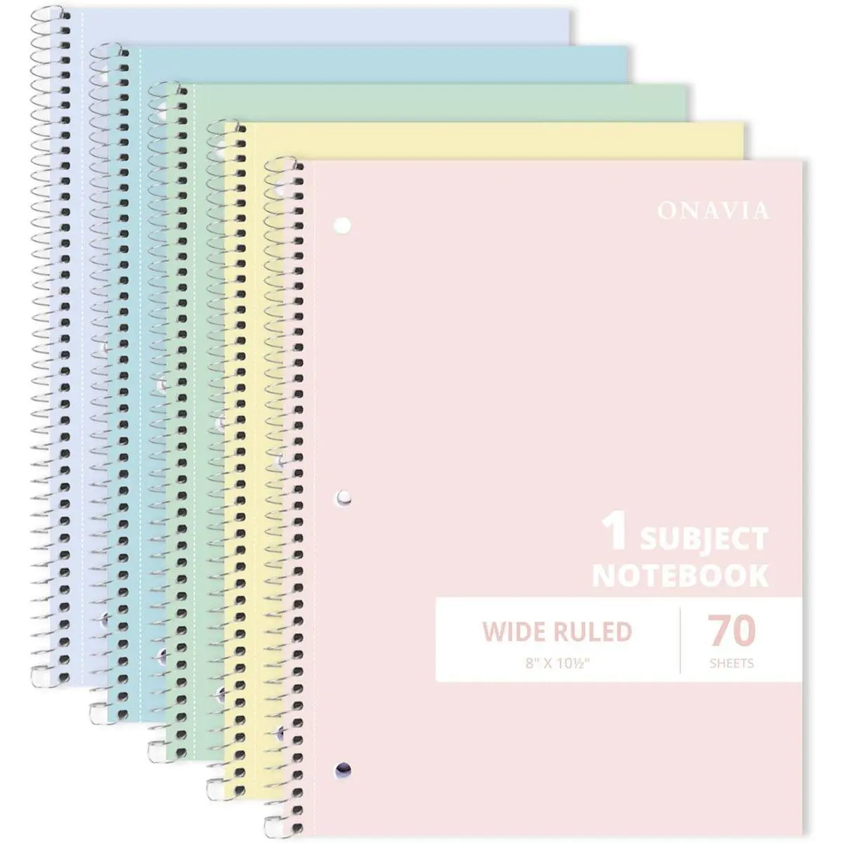 1 Subject Spiral Notebook Wide Ruled 5 Pack, 140 Pages, Assorted | 70 Sheets, 7.5 x 10.5 in, 3-Hole Punched, School Notebook, Wide Ruled Paper, Study, Students