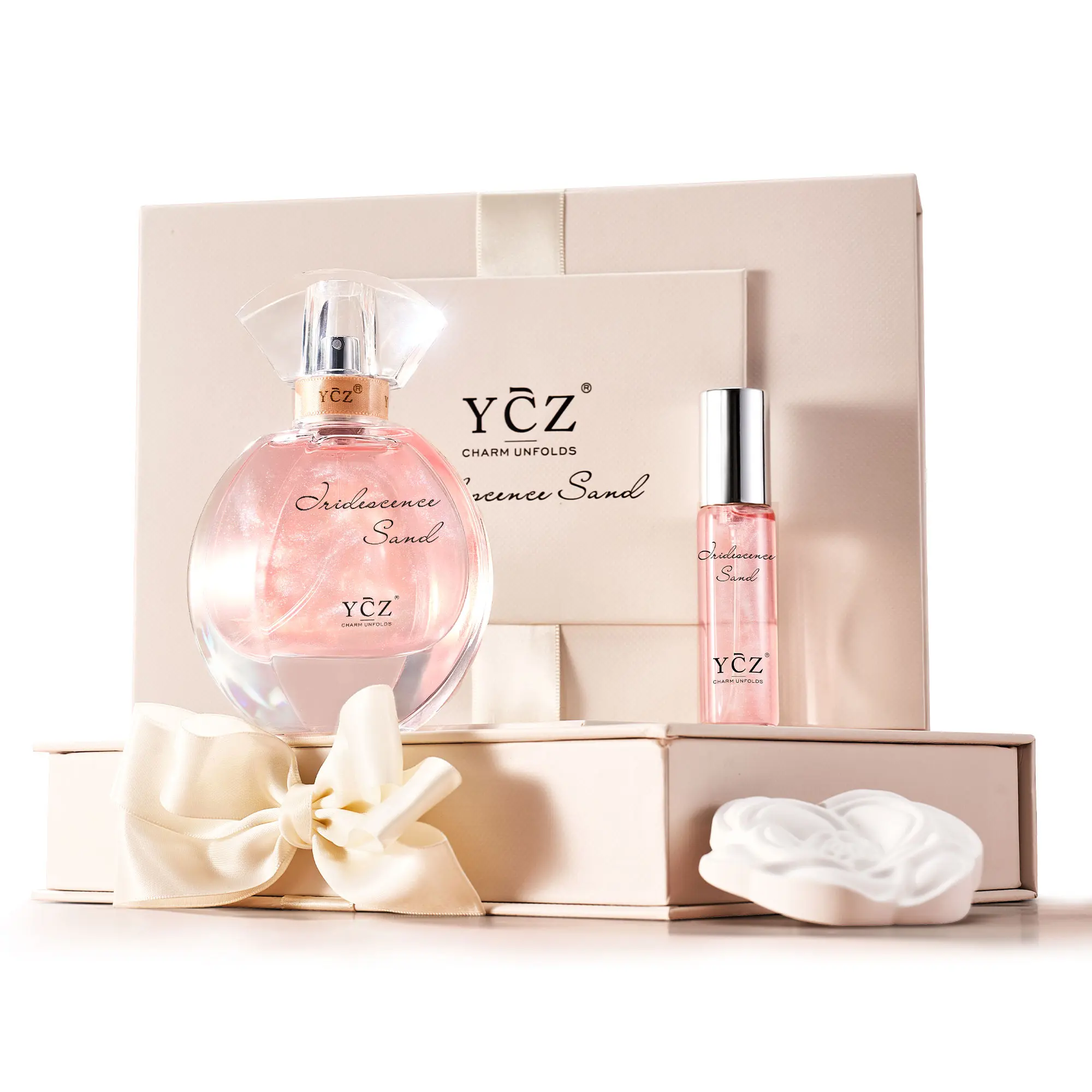 YCZ Pink Golden Sands Fragrance Gift Set (1.7 fl oz EDP + 0.5 fl oz Travel Spray) | Floral Oriental Scent, Soft, Elegant & Romantic, Long-Lasting for Everyday Wear and Gift Giving