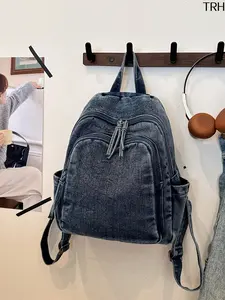 Vintage Washed Denim Backpack for Women, Multi Pocket Large Capacity Casual Daypack, Minimalist Aesthetic Adjustable Strap Lightweight Travel School Shoulder Bag