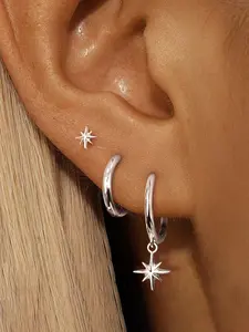 3Pcs/Set Fashion Dainty Tiny Huggie Hoop Earrings For Women,Zirconia Decor Star Pendant Clip On Earrings ,Suitable For Festival, Holiday, Party, Date, Gift & Daily Wear Hoop Earring Sets