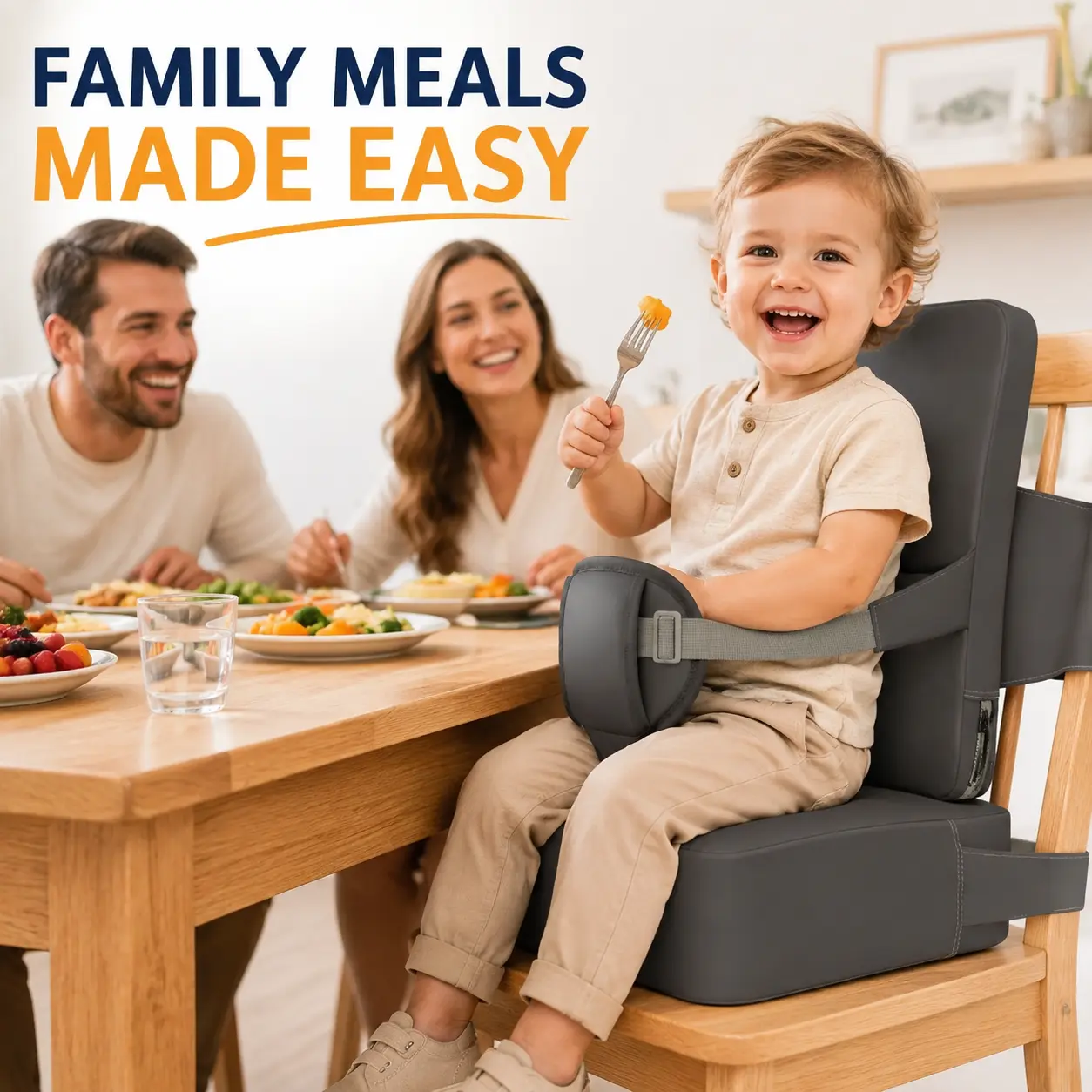 Toddler Booster Seat for Dining Table, Portable Baby Feeding Seat with Back Support, Adjustable Straps, Non-Slip Base, Waterproof Cushion for Family Meals