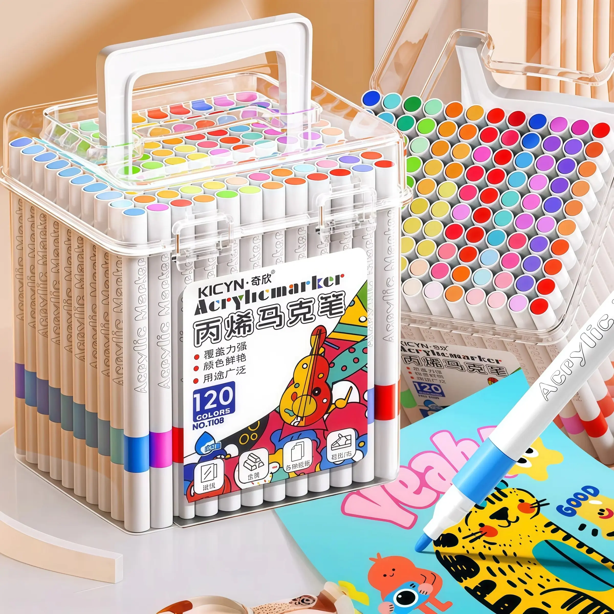 Waterproof Acrylic Drawing Markers, Washable, Fade-Resistant, Stackable, 120/100/80/60/48/36/24 Colors, Bucket Set for Elementary Students