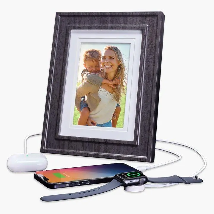 iHome Rectangular Faux Wood Modern Photo Display Frame (iPF30) - 3 USB Chargers with 20W USB-C Port, Adjustable Stand, Fits 5x7/4x6 (5r) Photos, for Home Decor