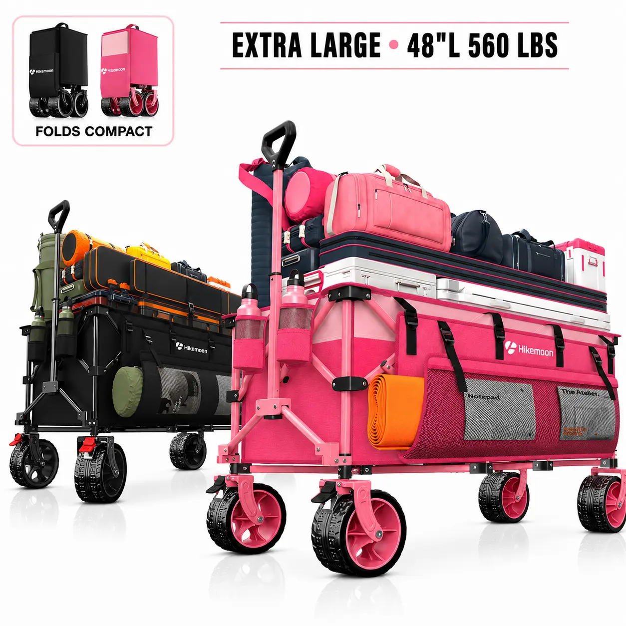 Hikemoon Heavy-Duty Collapsible Utility Outdoor Wagon Cart - 560 lbs Capacity, 400L Volume, Brakes, Adjustable Handle Fits You, All-Terrain Big Wheels, Compact Pack for Camping, Garden Use