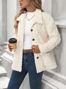 Women's Fashion New Style Solid Color Fleece Fabric Thick Warm Fitted Jacket Coats, Casual Long Sleeve Outerwear for Fall & Winter Seasons, Lady