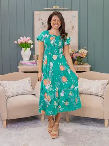 Floral Print Bubble Sleeve Tiered Midi Dress | S-XL