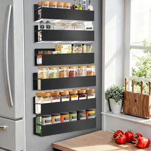 Magnetic Spice Rack Organizer for Fridge Seasoning Organizer for Kitchen storage with Screw Magnetic Shelf with Hook for Refrigerator and Oven (6pack-Black)