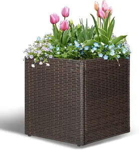 Brown Square Planter Box All-Weather PE Rattan Large Modern Planters with Removable Liner Indoor Outdoor Decorative Flower Pot for Patio, Balcony, Garden