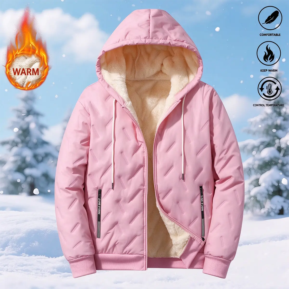 Women’s hooded cotton jacket, solid color, fleece-lined and thick, suitable for outdoor sports, commuting, and everyday wear; women’s apparel.
