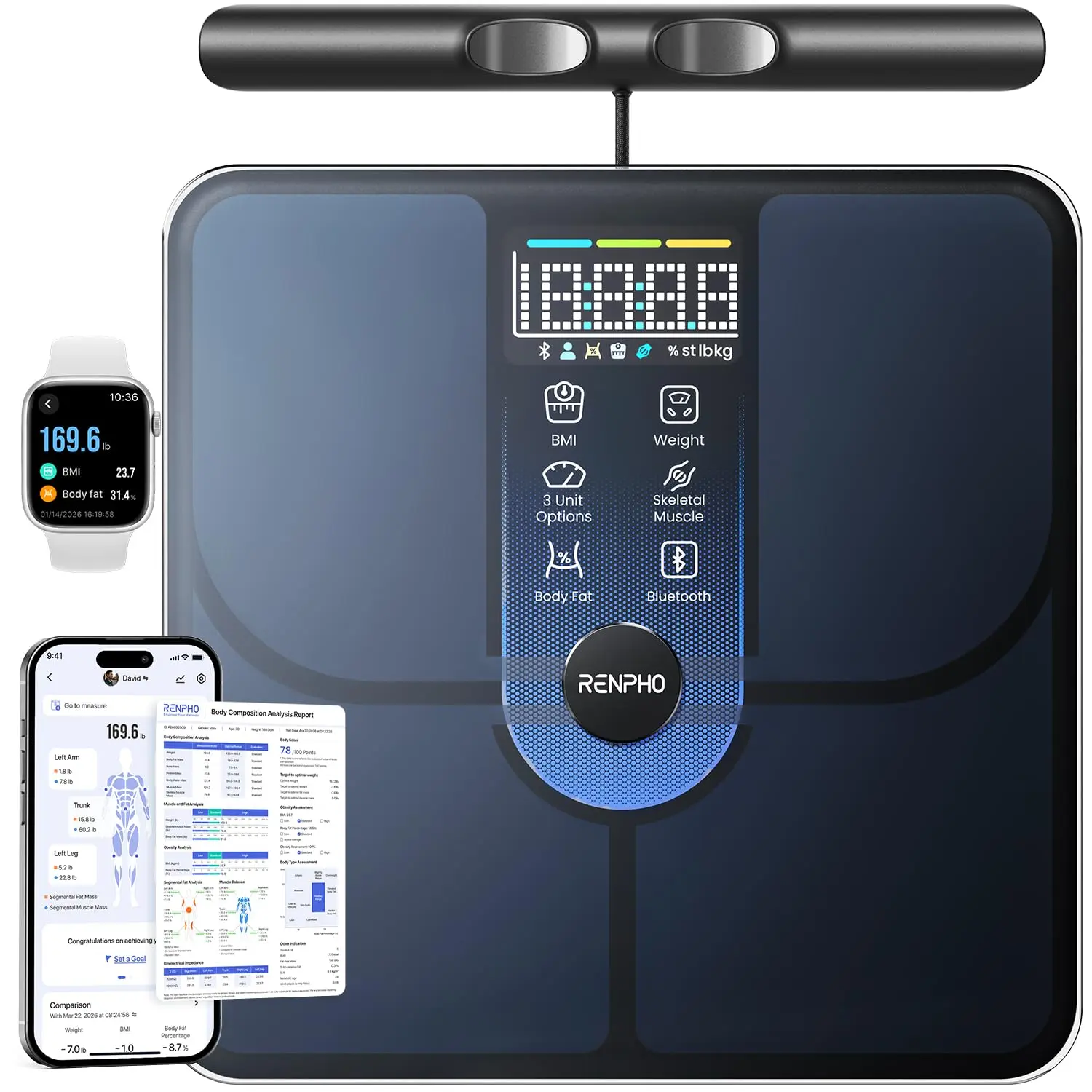 Smart Scale, Body Composition Scale with Handle, 8-Electrode Bathroom Scale for Body Weight, BMI, Muscle Mass, Body Fat Measurement Device with Bluetooth, Morphoscan Lite