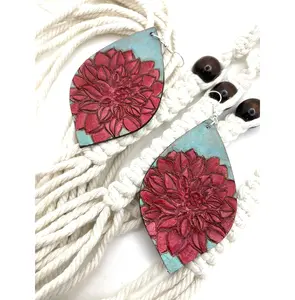 STUNNING Hand-Tooled Genuine LEATHER Earrings - YOUR CHOICE Dahlias Purple or Bright Pink