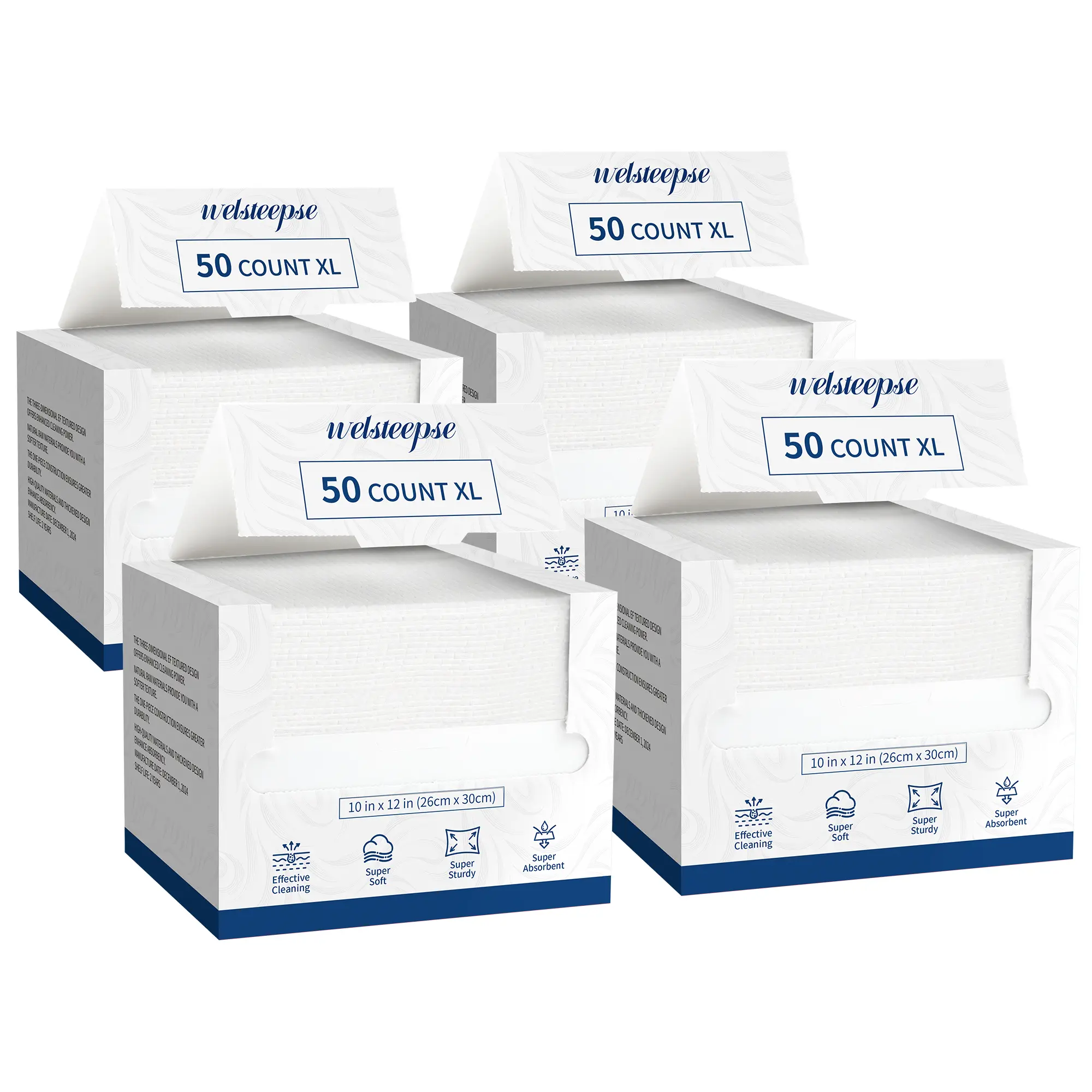 WELSTEEPSE Disposable XL Cleansing Wipes (Facial Tissue, Skincare Tool) - Hypoallergenic, Ultra Soft, Smooth, Comfortable, Unscented, Eco-Friendly Biobased, 50-Count Multi-Pack (10in x 12in) for Sensitive Skin Daily Use, Travel Toiletries, Deep Clean, Fac