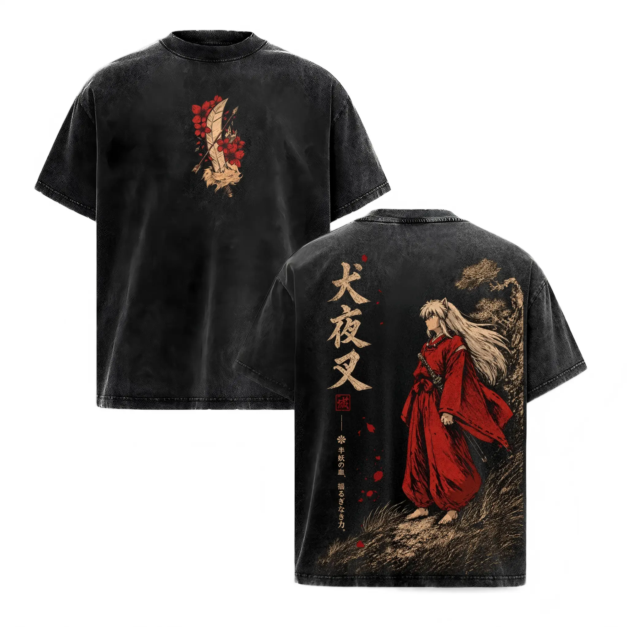 100% Cotton T-shirt.Inuyasha Vintage Clothes Washed Anime Graphic Tee Manga Shirt Japan Anime T-Shirt Oversized Heavy Cotton Streetwear Top Apparel Classic Anime Fan Gift for Men & Woman,Inuyasha Half Demon Japanese Calligraphy Otaku Anime Merch Black Cre