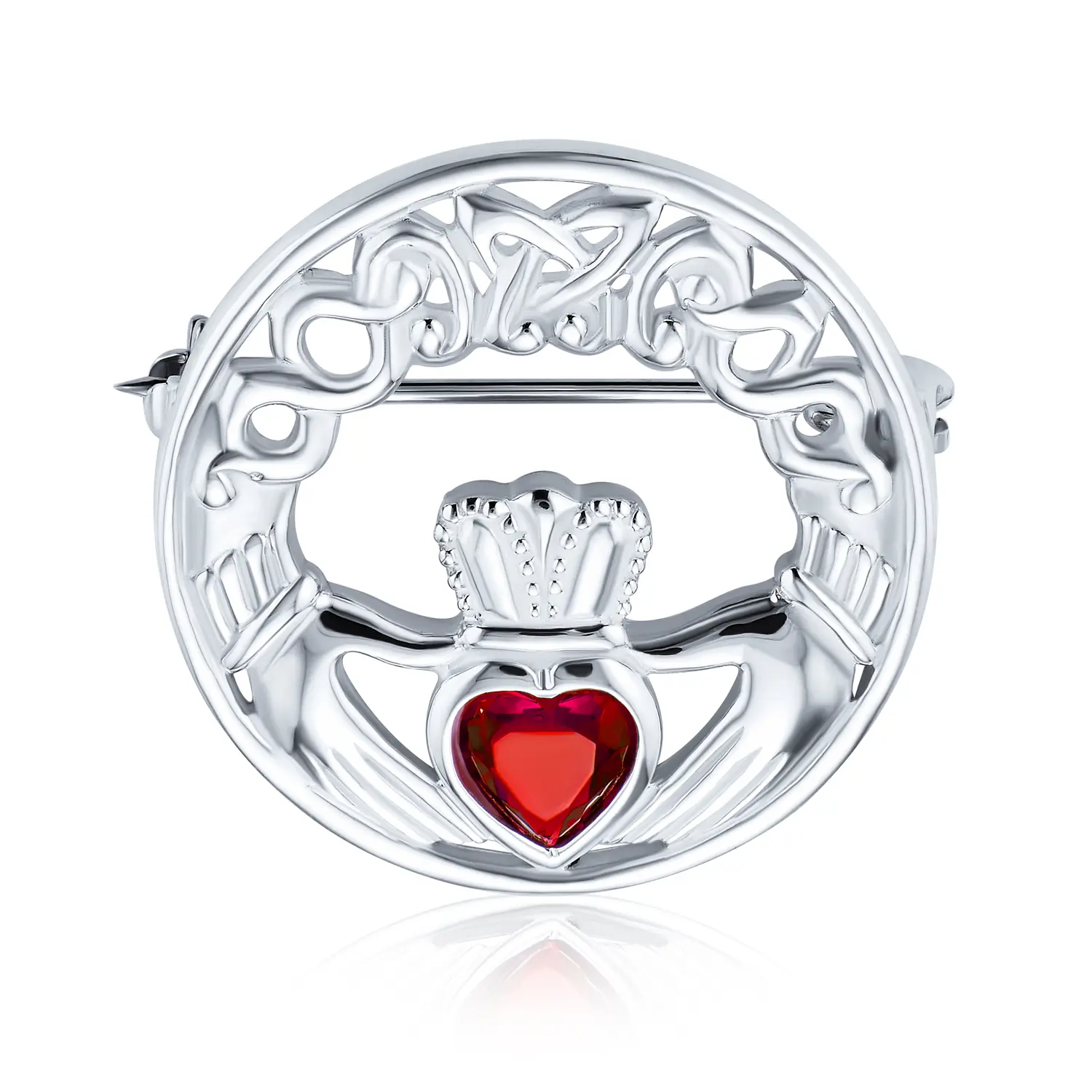 Celtic Round Circle Red Heart Shaped Claddagh Brooch Pin CZ .925 Sterling Silver