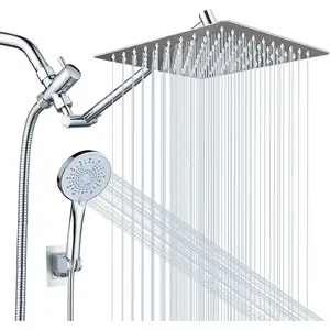 Peicuai Shower Head Combo, 10 Inch High Pressure Rain Shower Head with 11 Inch Adjustable Extension Arm, 5-Setting Handheld Shower with Long Hose, Powerful Spray for Low Water Pressure