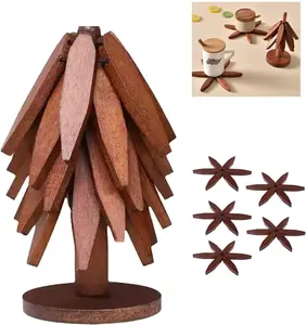 Walnut Tree Shape Wooden Table Mat, Foldable Heat Insulated Trivets for Hot Dishes, Non-Slip Heat Resistant Wood Table Plate Mat, Decorative Folding Pot Holders for Kitchen Dining Table Countertop