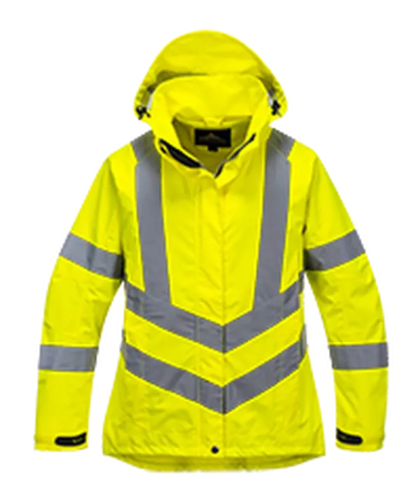 Portwest LW70YERM Ladies HiVis Breathable Jacket - Medium, Reflective Tape, Working, Oxford Fabric, Ce Certified, Hi-Vis, Hook And Loop Adjustable Cuffs, Detachable Hood, Lightweight Jacket
