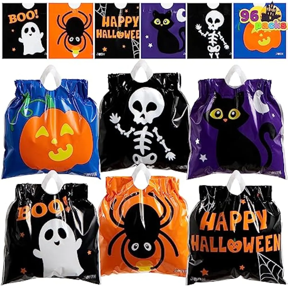 96 Pcs Halloween Drawstring Candy Bags, Small Trick or Treat Goodie Bags Bulk, 6 Designs Halloween Plastic Gift Bag for Kids Trick or Treating, Boys Girls Party Favors Supplies, Classroom Gifts