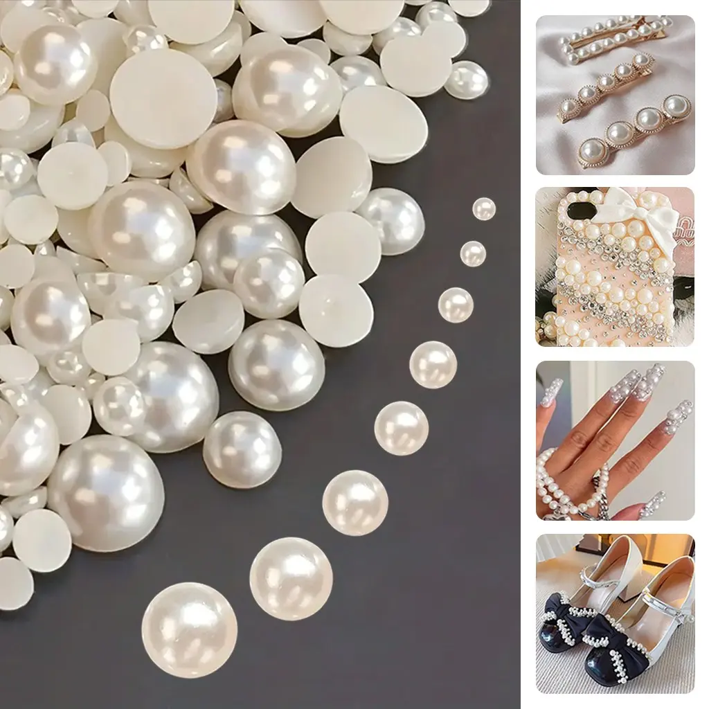 1000pcs Half Round Pearls Beads,4mm to 14mm Flatback Pearl Beads Luster Loose Cabochon Pearls for DIY Crafts Necklaces Bracelets Jewelry Decorations Wedding Dress Nail Art Pearls for Crafting