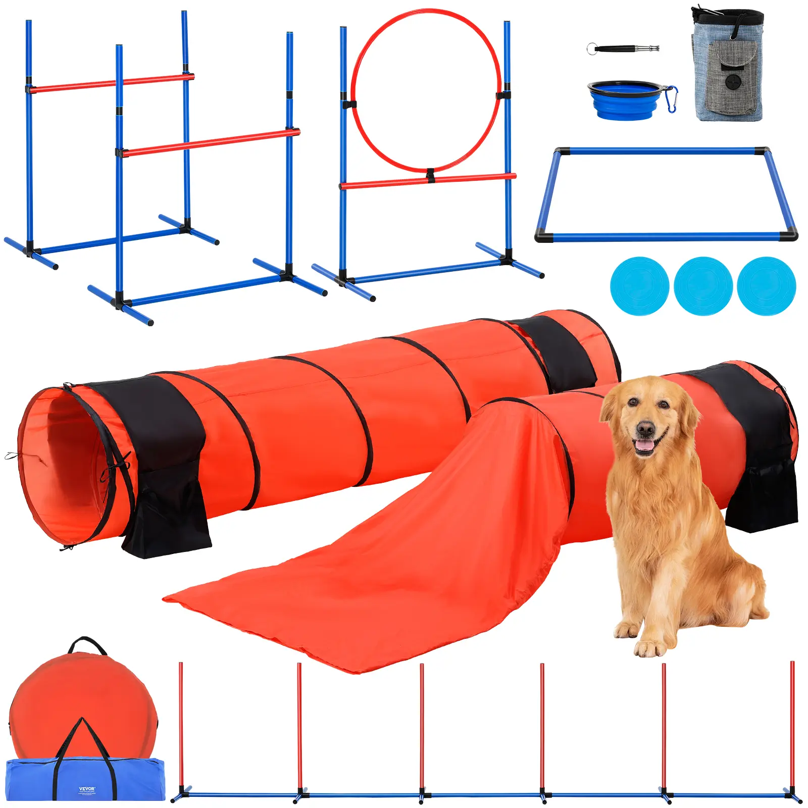 【summerfinds】VEVOR Dog Agility Training Equipment, 7 PCS Set Upgrade w/ Adjustable High Hurdles,6 Weave Poles,2 Tunnels,Jump Ring,Pause Box,3 Frisbee,Whistle,Foldable Bowl,Puppy Obstacle Course Kit w/ 3 Bags, 118.11-Inch Open Tunnel, 23.62-Inch Jump R, Ad