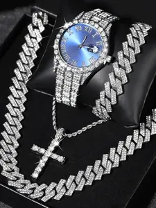 Quartz Watch Set Gift Box Cuban Necklace Classic Cross Bracelet Full Diamond Luxury Brilliant Watch Gift Giving Hip Chain Festival