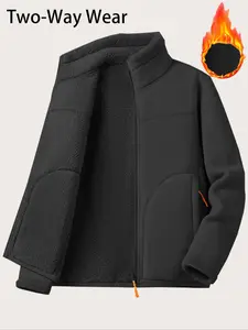 Women's Reversible Plush Fitted Jacket Long Sleeve Winter Warm Zipper Coat, Windproof Outdoor Running, Thick Fleece Lined, Dual-Sided Wear, Fabric