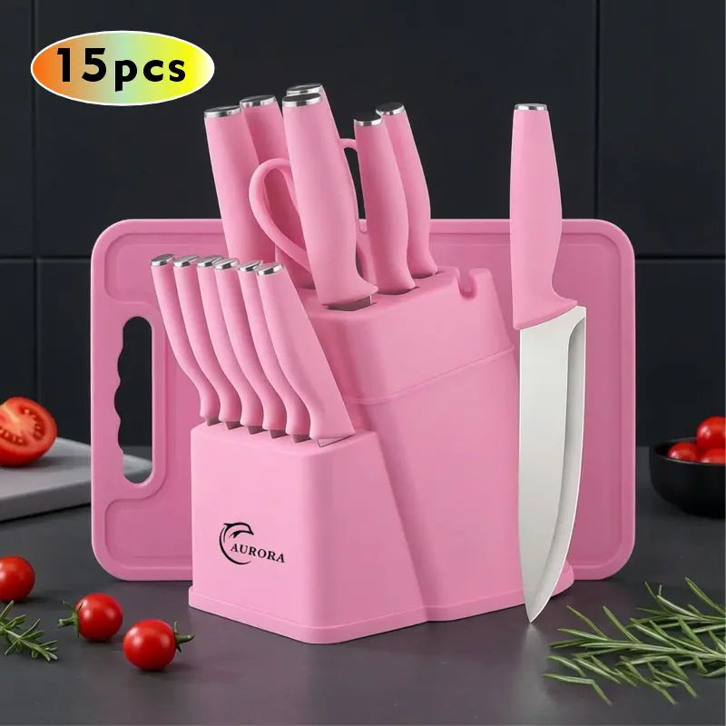 Summervibe 15pcs Stainless Steel Kitchen Knife Set (with Built-in Sharpener): Japanese-Style Knife, Meat Cleaver, Bread Knife, Steak Knives&Scissors. The plastic handles are washable,is an ideal gift choice for Father's Day/Mother's Day.